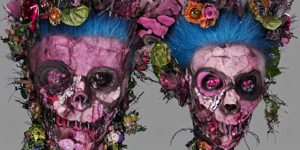 Prompt: a portrait of a punk rock zombie, pink crystal mohawk, skin made of crystals fruit and flowers, Baroque, Arcimboldo, character design, expressionistic, blue background