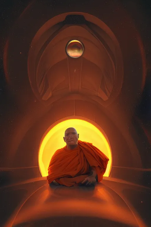 Image similar to portrait of a monk in a spaceship, window, nebula, orange robe, dramatic lighting, artstation, matte painting, ralph mcquarrie