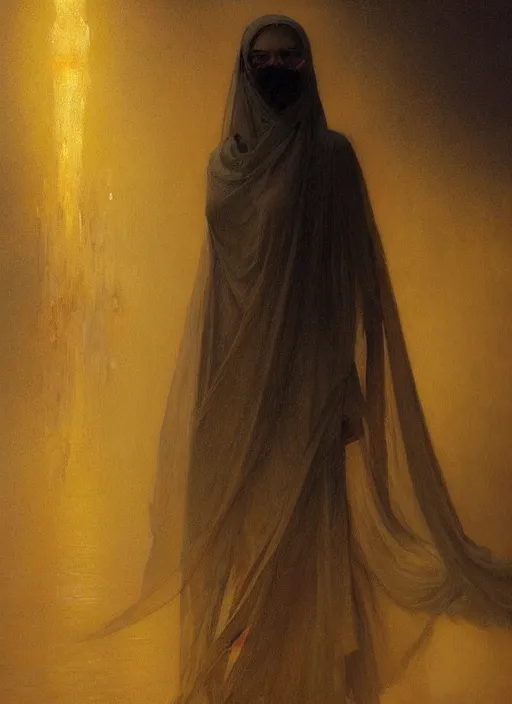 Image similar to a silhouette dressed with a shroud wearing a golden mask, by jean delville and sophie anderson and mandy jurgens, composition, elegant, not cropped, extremely detailed, hd, masterpiece, artstation