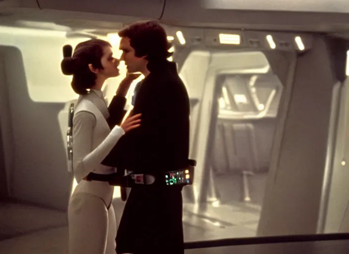 Prompt: screenshot of Han Solo dressed up as an imperial officer kissing Princess Leia Organa, iconic scene from 1970s Star Wars film directed by Stanley Kubrick, in a sci fi shipping port, last jedi, 4k HD, cinematic still frame, photoreal, beautiful portraits, moody lighting, stunning cinematography, lens flare, anamorphic lenses, kodak color film stock