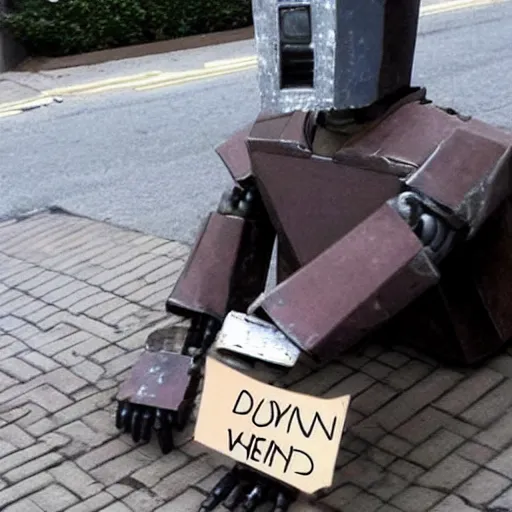 Prompt: homeless robot begging for money, pulitzer winner.