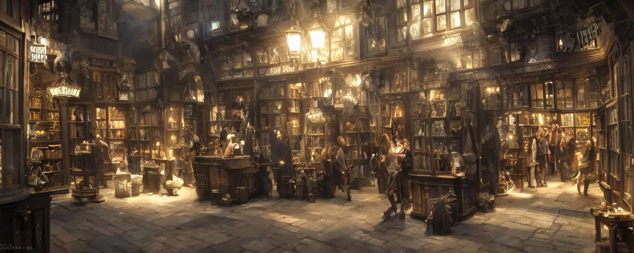 Image similar to most epic dramatic diagon alley magic store interior. epic cinematic hyperrealism masterpiece. realistic poster with shaded lighting by craig mallismo, artgerm, jeremy lipkin and michael garmash, unreal engine, radiant light, detailed and complex environment, digital art, art station trends