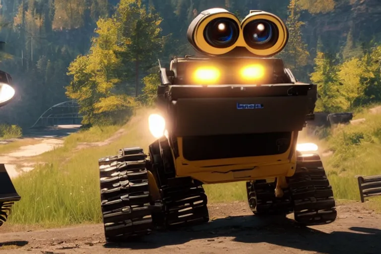 Prompt: wall - e in forza horizon 4, heavy detailed, ultra high definition quality, forza game engine graphics