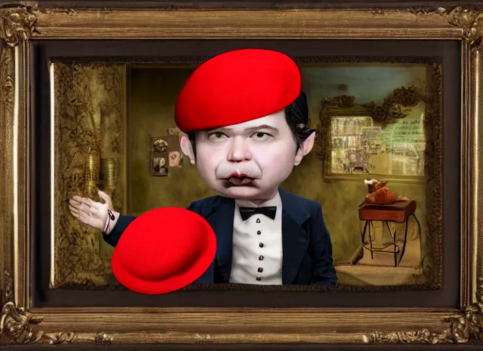 Prompt: a shrimp wearing beret and suit, lowbrow, matte painting, 3 - d highly detailed, in the style of mark ryden,