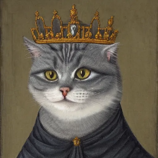 Image similar to a renaissance style portrait painting of a grey scottish fold cat, wearing a crown and cape, dark background