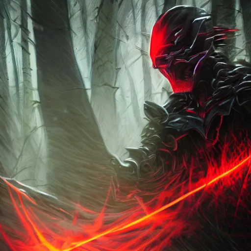 Image similar to extremely detailed artwork of an armored dark figure in a dark evil forest, super sayan, glowing hands, Sauron, Ultron, speedster, fantasy art, fog, heavy armor, knights armor, cinematic pose, pose, 8k UHD, villain. set in a dark evil forest where the entire forest floor is covered in dark red leaved, blood red leaves, atmospheric fog, moon lit