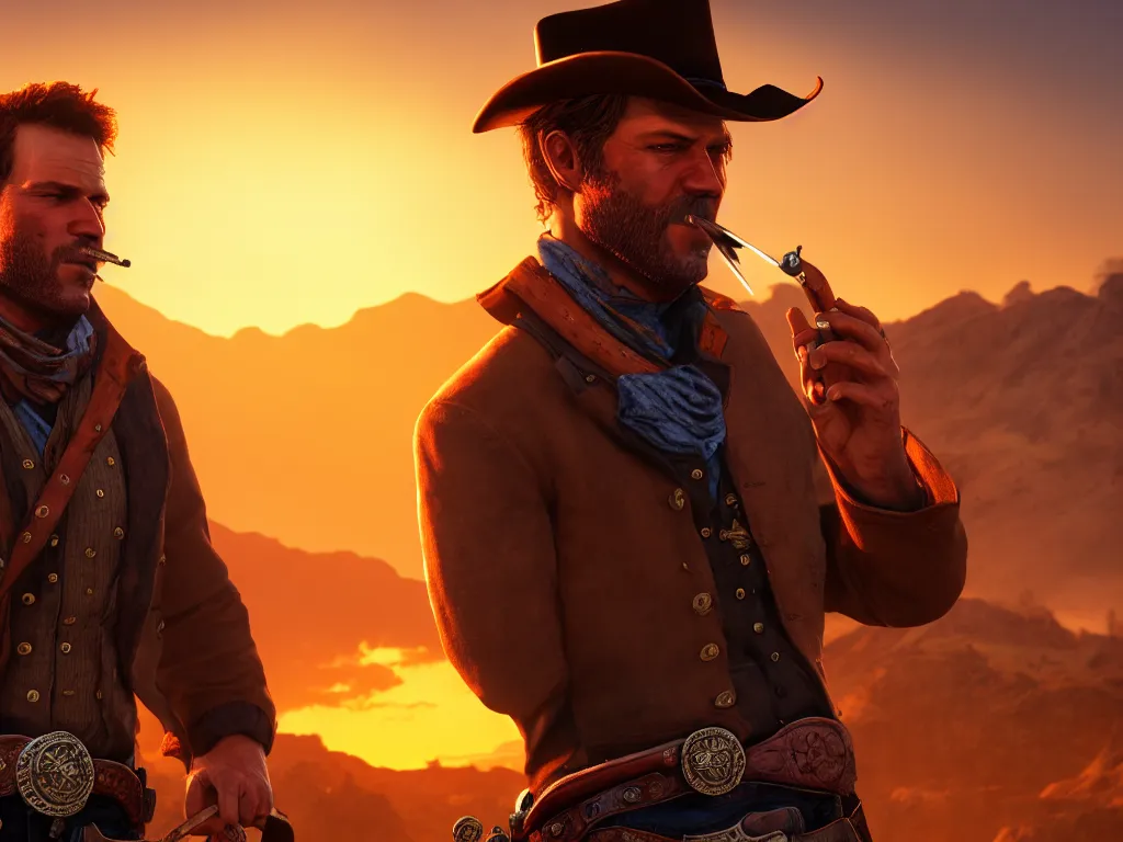 prompthunt: Arthur Morgan smoking a cigar, wild west background, sunset.  digital art. amazing quality. perfect lighting. Professional design. Great  composition. Mind blowing detail. award winning art. impressive colors.  trending on artstation.