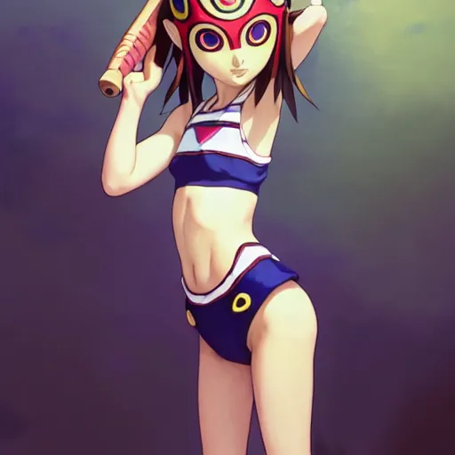 Image similar to beautiful boyish natalie portman gravure model in majora's mask, wearing wooden mask and baseball cap and leotard, street wear with subtle mayan patterns, aztec bathing suit, gapmoe yandere grimdark, trending on pixiv fanbox, painted by greg rutkowski makoto shinkai takashi takeuchi studio ghibli, akihiko yoshida