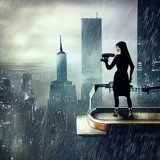 Image similar to “ girl standing on a roof looking down at a futuristic new york city below, ghostpunk, blade runner, cyberpunk, art nouveau, storm clouds, rain, very detailed, by gil evgren ”