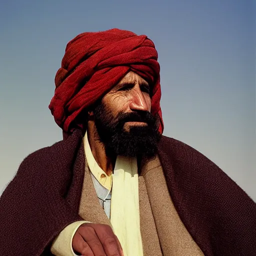 Image similar to portrait of president martin ban biden as afghan man, green eyes and red scarf looking intently, photograph by steve mccurry