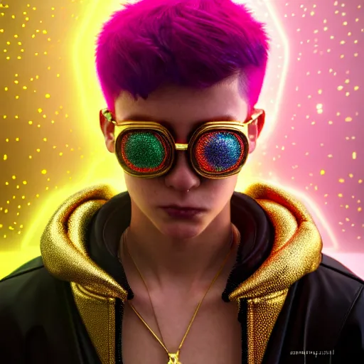 Prompt: hyperdetailed portrait of a cyberpunk european boy with brown hair made of iridescent metals and shiny pink gems, bright rainbow nimbus, gold necklace, gold background inspired by ross tran and masamune shirow and kuvshinov, intricate, photorealistic, octane render, rtx, hdr, unreal engine, dnd digital art by artgerm