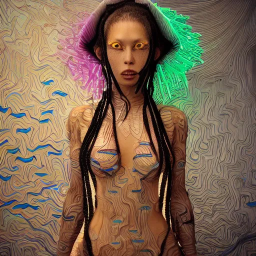 Image similar to swimming deeper into the multiverse, piles of modular synth cables mixed with mangrove roots, kawaii puerto rican goddess chilling out wearing a headpiece made of circuit boards, by cameron gray, wlop, stanley kubrick, masamune, hideki anno, jamie hewlett, unique perspective, trending on artstation, 3 d render, vivid