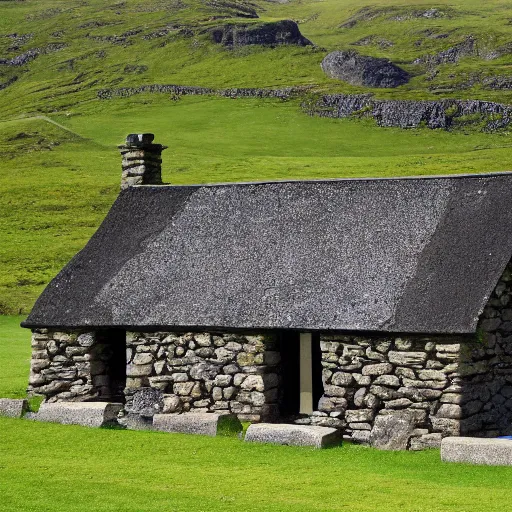 Prompt: ancient scottish dark stone blackhouse designed by le corbusier. fujinon premista 1 9, 4 5 mm