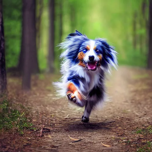 Prompt: blue Merle australian Shepard running through a forest, photography, hyper realistic