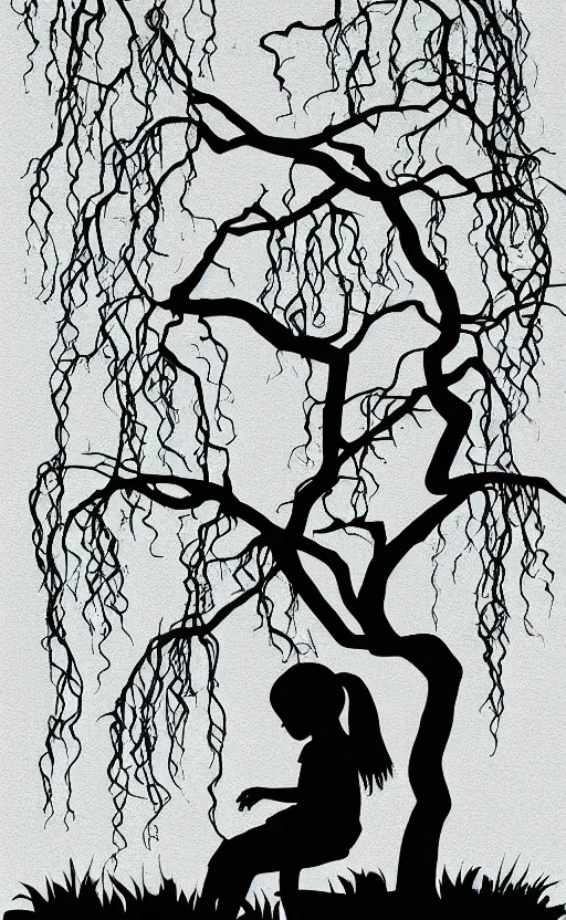 Image similar to silhouette of little girl sitting on a weeping willow tree, book cover