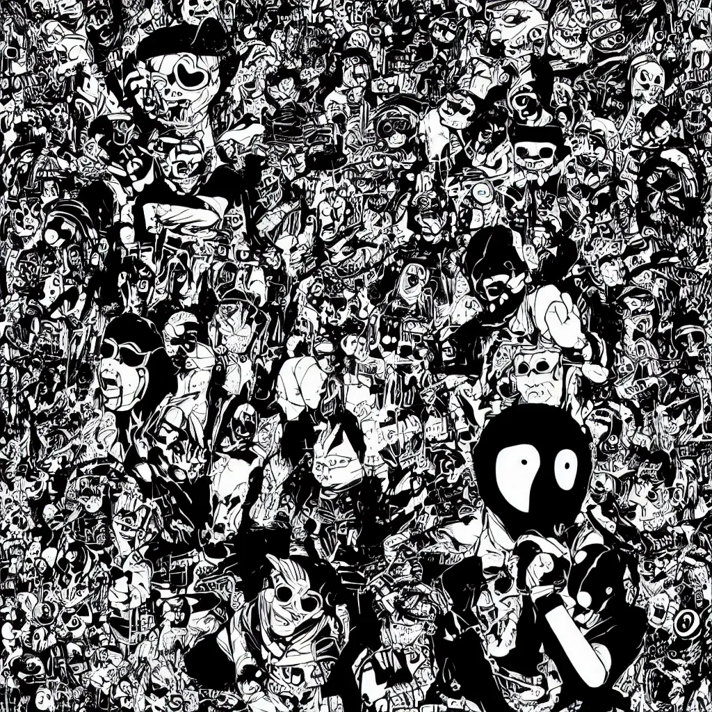 Image similar to faceless human figures, kazuo umezu artwork, jet set radio artwork, stripes, tense, space, skimask, balaclava, ominous, minimal, cybernetic, cowl, dots, stipples, lines, hashing, thumbprint, dark, eerie, circuit board, crosswalks, guts, folds, tearing, painting