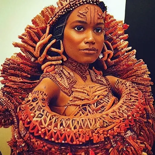 Image similar to “ a brown woman wearing coral armor. super detailed. intricate. award winning. ”