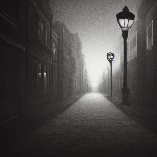 Image similar to A dark street with streetlights lighting it, a monster seems to be watching you from the darkness