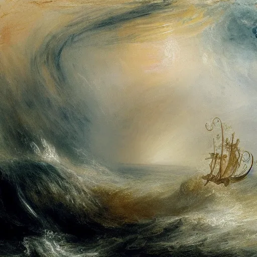 Prompt: giant octopus with giant tentacles fighting with a frigate under the surface of a stormy sea, in the style of jmw turner
