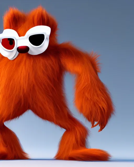 Image similar to 3 d render of completely red hairy friendly antropomorphic cartoony creature wearing chrome shades, full body, simple, cute, white background, unreal engine 5 hdr