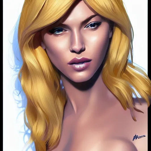 Image similar to a stunning upper body portrait of a beautiful woman with waving bleach blonde hair by marvel comics, digital art, trending on artstation