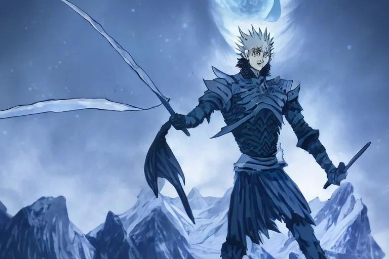 Prompt: a full body shoot of Night King of Game of Thrones by Kubo Tite,Bleach manga style,small horns, detailed,ice mountains in the background,artstation,manga,ichigo kurosaki smiling face