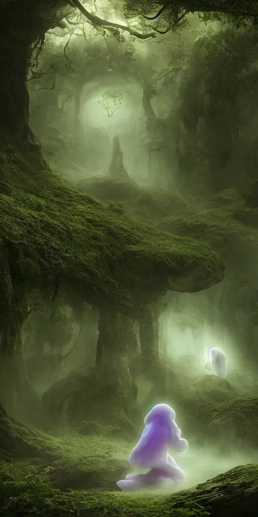 Image similar to a small transluscent light purple ghost, surrounded by a green forrest, moody , lovecraft, giger, ridley scott, zack snyder, Fenghua Zhong, realistic cinematic lighting, establishing action shot, ultra detailed, hyper realism, photo, octane render