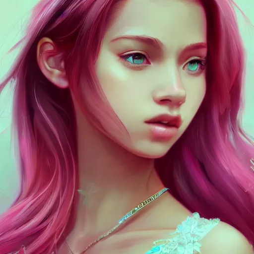 Prompt: teen girl, pink hair, gorgeous, amazing, elegant, intricate, highly detailed, beach setting, digital painting, artstation, concept art, sharp focus, illustration, art by Ross tran