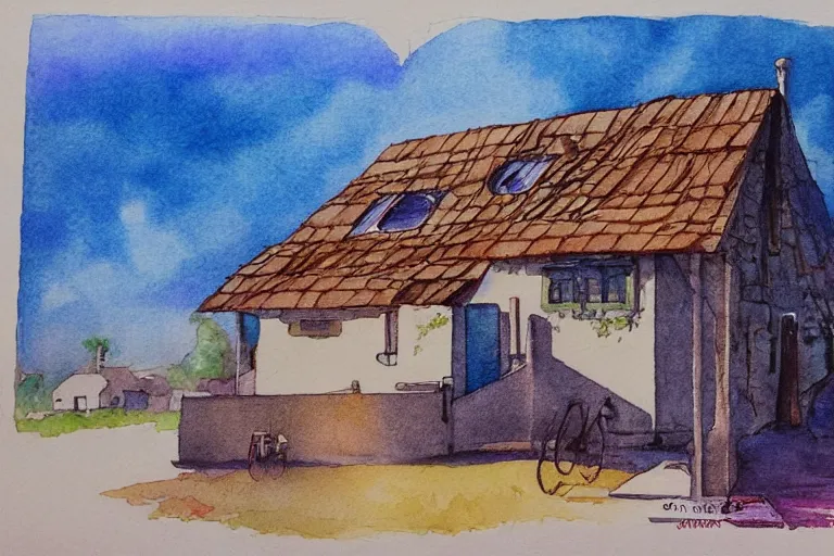 Image similar to rays of the morning sun shining through the window of the village house. very beautiful, clear sky, warm shiny colors, watercolor drawing