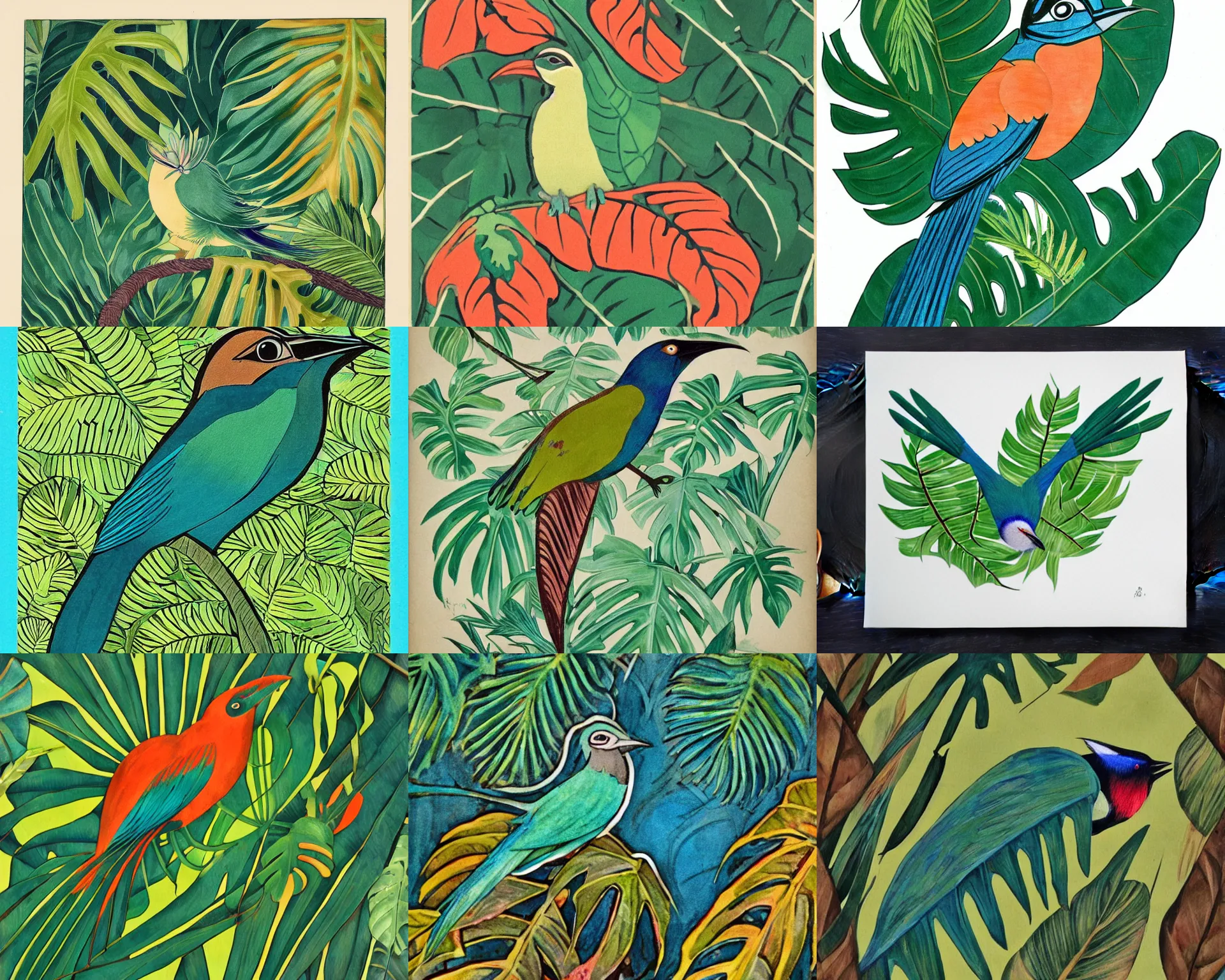 Prompt: a motmot bird with monstera leaves, in an art nouveau style