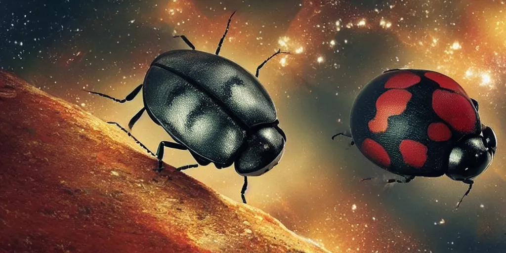 Image similar to a 3 d rendered movie still from a distance of 3 0 m of a ladybug 1 million years from now. the ladybug is sentient, wears tiny spacesuit, and travels the stars in a super trippy space ship. science fiction blockbuster movie ladybugs rule the world, imax 7 0 mm. bladerunner.