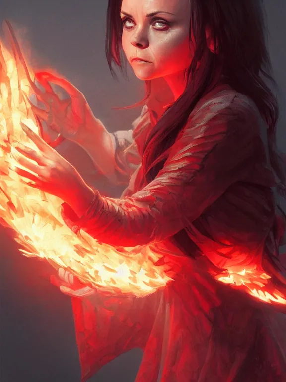 Image similar to Christina Ricci casting a fire spell, red lighting, D&D, fantasy, highly detailed, digital painting, trending on artstation, concept art, sharp focus, illustration, art by artgerm and greg rutkowski and magali villeneuve