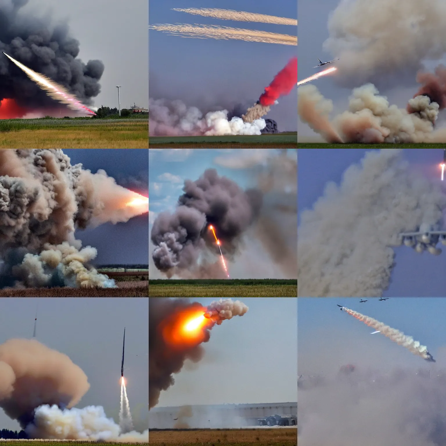 Prompt: photo journalism of russian military air base being attacked by missiles, dramatic explosions, smoke, particles, dust, airplanes exploding, grain effect, award-wining, pulitzer, news