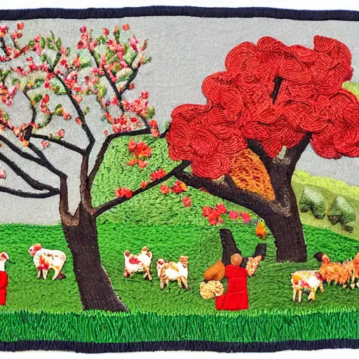 Image similar to A beautiful street art depicting a farm scene. The street art shows a view of an orchard with trees in bloom. appliqué needlework, Hadean by Charles Camoin, by Ed Binkley bleak, earthy
