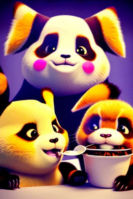 Prompt: high quality 3 d render hyperrealist very cute lowbrow happy panda & cat hybrid eating ice cream, vray smooth, in the style of detective pikachu, very dramatic light, low angle, uhd 8 k, shallow depth or field