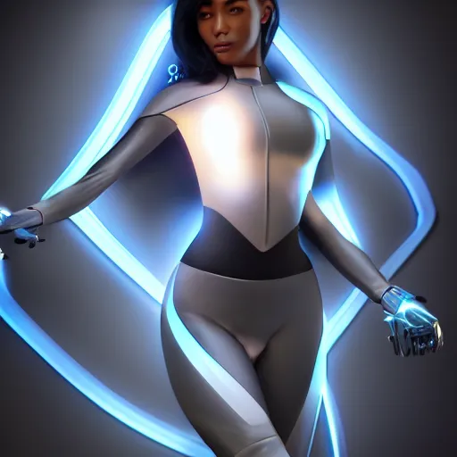 Image similar to a woman in a futuristic suit holding a glowing light, a computer rendering by Artgerm, featured on cgsociety, afrofuturism, daz3d, zbrush, futuristic