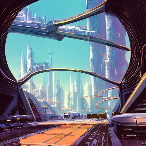 Image similar to overgrown futuristic cityscape located under a bridgeway, world seen only through a portal, daylight, cinematic perspective, cinematic lighting, blue sky, syd mead, john harris, symmetrical