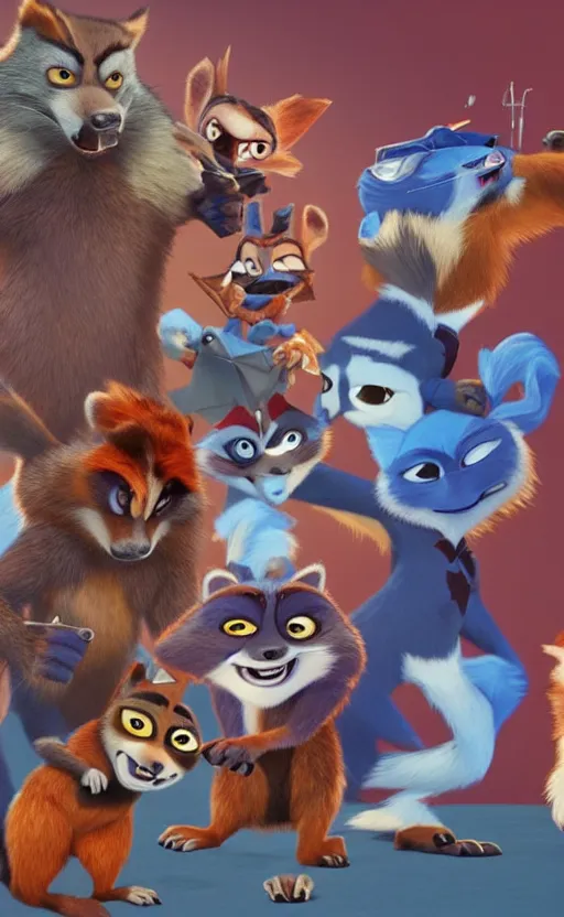 Image similar to “red racoons facing off with blue racoons in the style of zootopia, they’re all holding a laser gun”