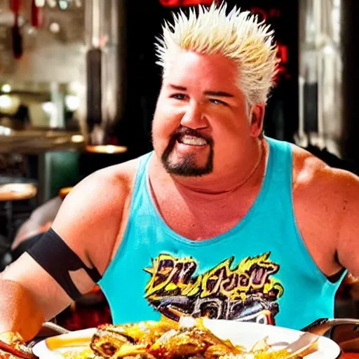 Prompt: guy fieri with pitvipers wearing a mesh neon tank top doing a mukbang