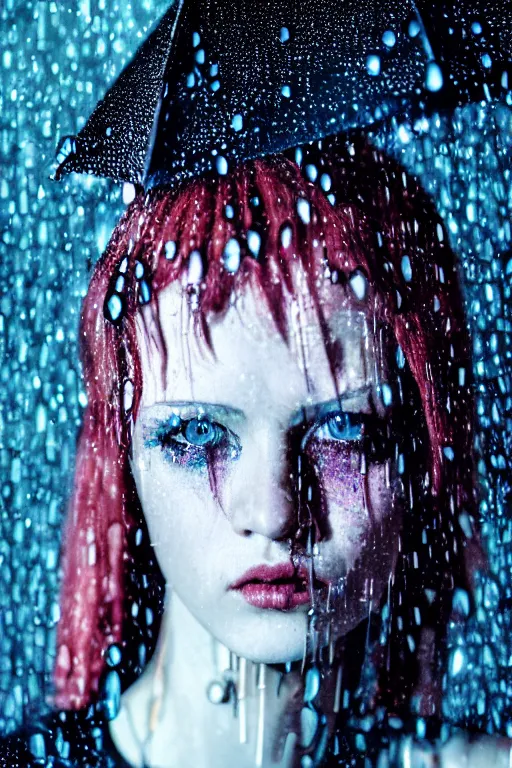 Prompt: portrait photo of cyberpunk girl under rain, fashion editorial photography, from vogue magazine