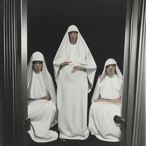 Image similar to phot of 1960’s award winning photo, two Floating twin nuns wearing hoods, buxom chested, blindfolded wearing translucent veils see through dress, Very long arms, bedroom, wood door, eerie, frightening, highly detailed, photorealistic, colorized —width 1024 —height 1024