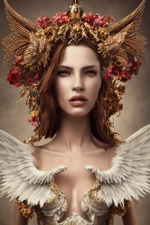 Prompt: expressive full body photo of a female model as beautiful angel, ornate headpiece made from flowers, ornaments, glamour shot, by karol bak, by stefan gesell, octane render, unreal engine, photorealistic, canon r 3, fashion photography, studio shot