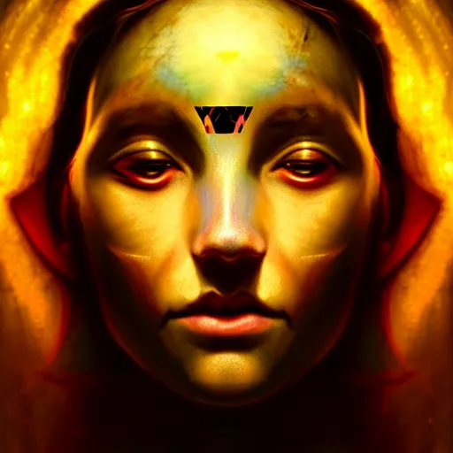 Prompt: portrait of a illuminati goddess, face with the third eye, third eye on her forehead, atmospheric lighting, painted, intricate, volumetric lighting, beautiful, rich deep colours masterpiece, golden hour, sharp focus, ultra detailed, by Leesha Hannigan, Ross Tran, Thierry Doizon, Kai Carpenter, Ignacio Fernández Ríos