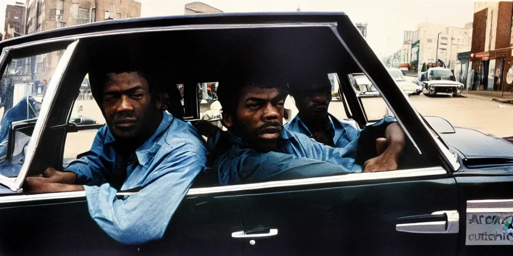 Image similar to bronx, black men sit in the 7 0 s car, holding a magnum, closeup, coloured film photography, bruce davidson photography