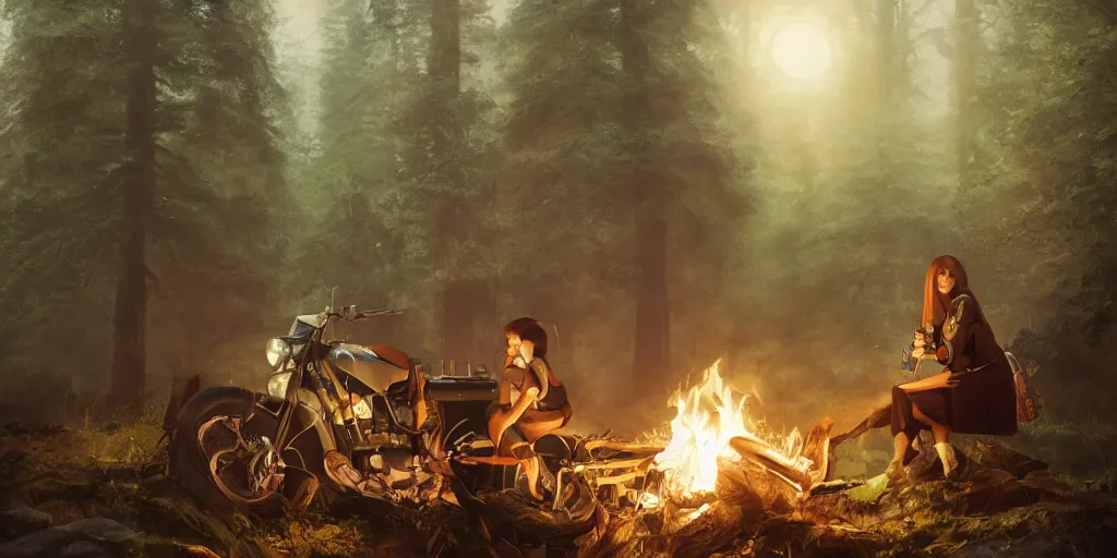 Image similar to a girl from final fantasy live action, with short black hair and green eyes in a tan trenchcoat sitting on a log and drinking tea by the campfire by her dieselpunk motorcycle at night, award winning, masterpiece digital painting by greg rutkowski, alex grey, artstation, 4 k wallpaper