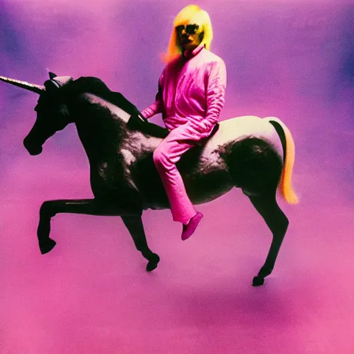 Image similar to andy warhol riding a pink unicorn in space, cinestill 8 0 0 t, award winning photograph