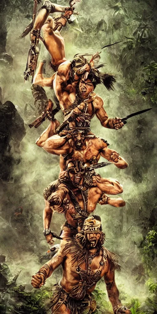 Image similar to editorial battle in jungle, brutal tower full of aztec and Amazonian fighting, epic, vintage, blood, slight inspiration of Boris vallejo and apocalypto, war photography