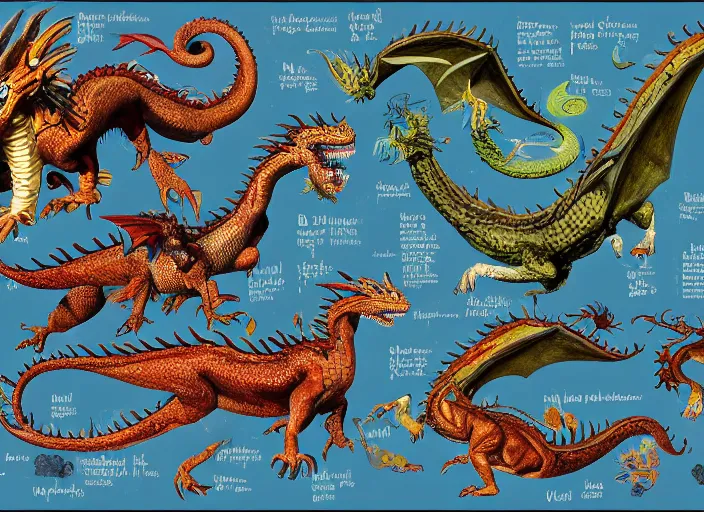 Image similar to an illustrated field guide to dragons showing examples of males and females of each spicies, art by robert stebbins and terryl whitlatch and david sibley and charles darwin, highly detailed, intricately detailed, 8 k, trending on artstation