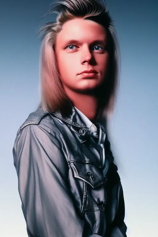 Image similar to an original beeple digital art portrait of a typical member of generation x, in the style of a 1 9 8 0's glamour shot, beautiful flowing mullet hairstyle