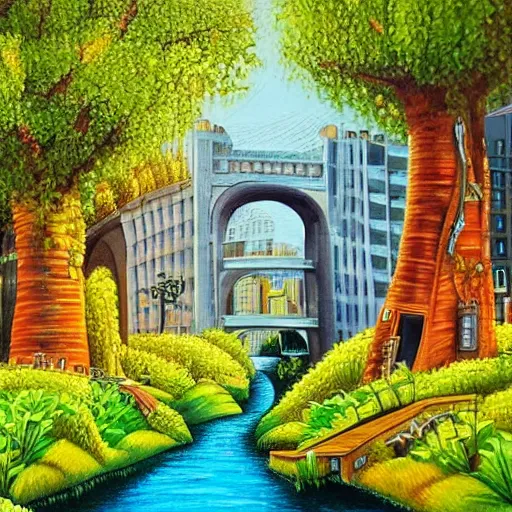 Prompt: Beautiful city of the future in harmony with nature. Nice colour scheme. Beautiful detailed painting by Lurid. (2022)